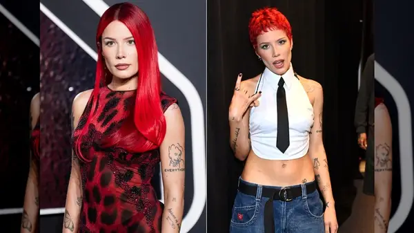 Split image of Halsey with different lengths of red hair at the 2024 MTV Awards