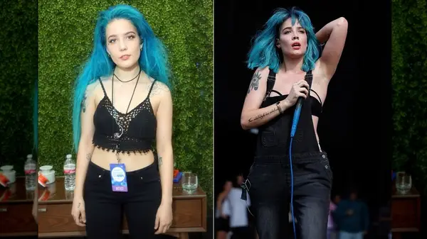Split image of Halsey in 2015 with different lengths of blue hair