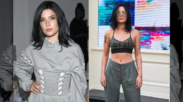 Split image of Halsey with black, shoulder-length hair in 2017