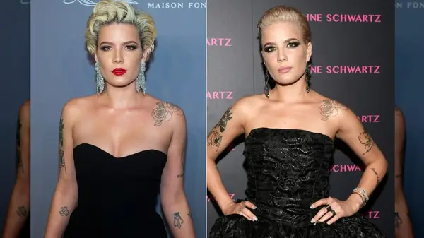 Split image of Halsey with short, blonde hair in 2018