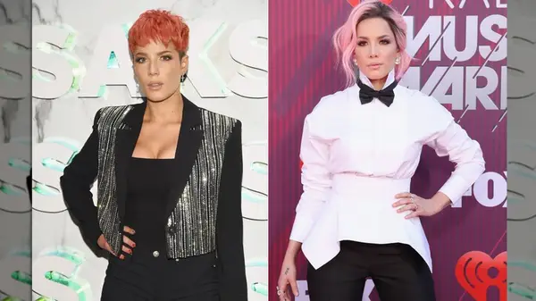 Split image of Halsey in early 2019 with two different lengths and shades of pink hair
