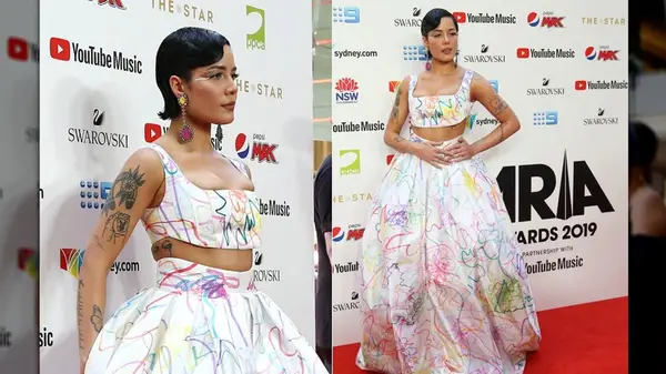 Split image of Halsey posing at the ARIA Awards in 2019