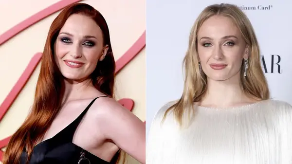 Sophie Turner side by side photos showing her with red and blond hair