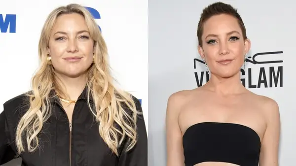 Kate Hudson side by side photos with blond hair and short, brown hair