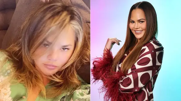 Chrissy Teigen without and with hair extensions, side by side photos