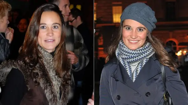 Pippa Middleton with curled hair in 2008, side by side photos