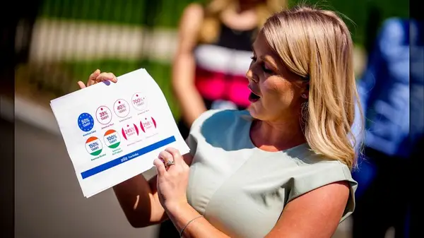 Karoline Leavitt with pale hands and a tan body