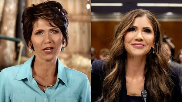 Kristi Noem with a pixie cut next to Kristi Noem with hair extensions