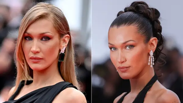 Bella Hadid side by side photos blonde and brunette