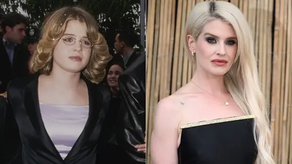 Split image of Kelly Osbourne with her natural hair color in 2000 and platinum blond hair in 2025