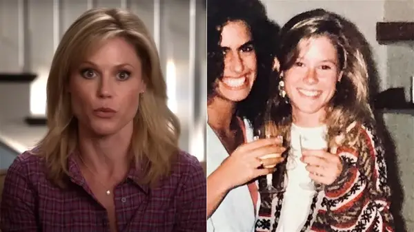 Julie Bowen in Modern Family vs in real life with darker hair side by side photos