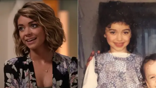 Sarah Hyland in Modern Family and Sarah Hyland with her natural hair side by side photos