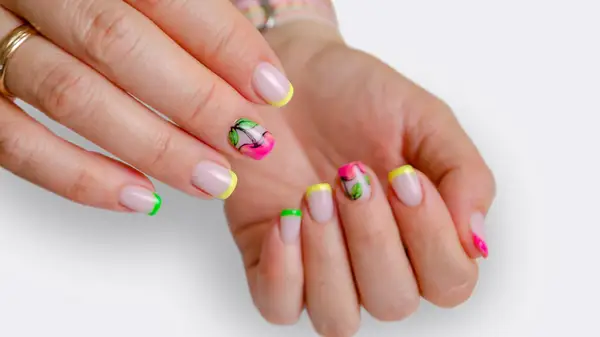 neon french manicure with flowers
