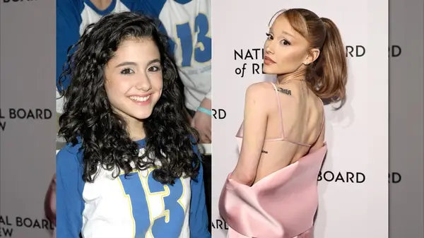 Split image of Ariana Grande as a young girl with curly hair and in 2025 with a brown-blonde ponytail