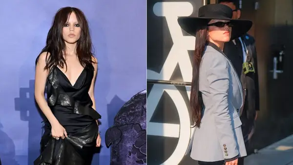 Split image of Jenna Ortega doing press for Season 2 of 