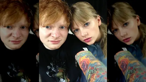 Ed Sheeran and Taylor Swift posing together in a throwback selfie