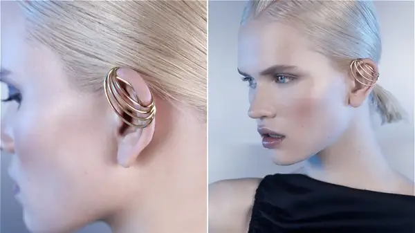 Silver spiral ear cuff on blonde woman