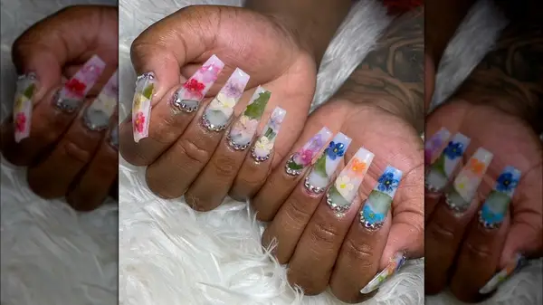 Milk bath nails with rhinestones