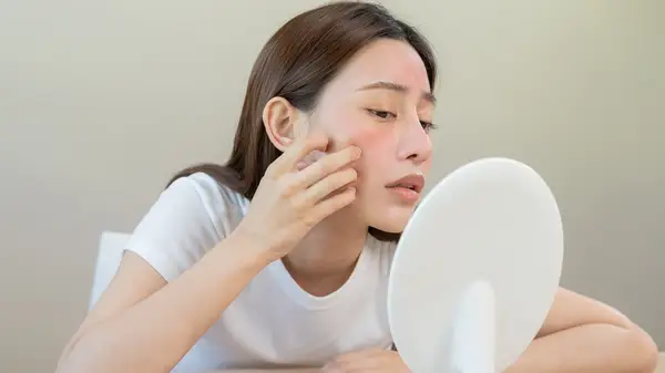 A woman assessing her face