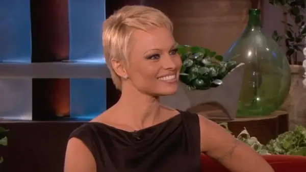 Pamela Anderson in a black dress on The Ellen Show