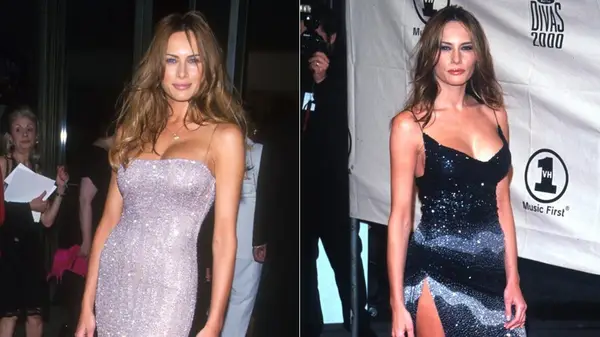 Two images of Melania Trump in sleeveless dresses at events