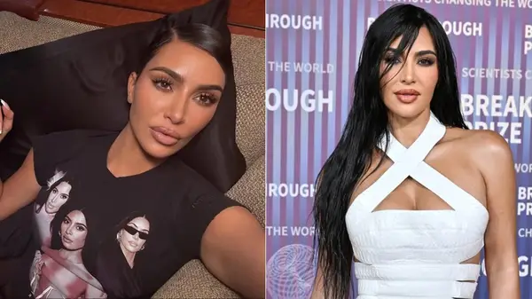 Kim Kardashian with and without hair extensions, side by side photos