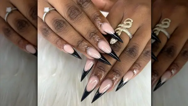 Long pointed black french manicure