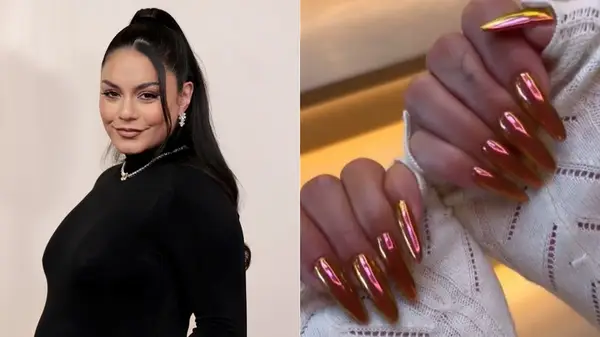 Split image of Vanessa Hudgen and close-up of her two-tone chrome nails