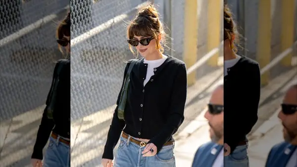 Dakota Johnson in a casual outfit with her hair up