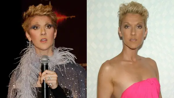 Celine Dion with a blond pixie cut