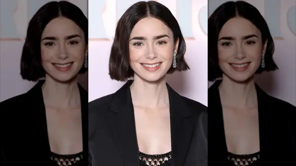 Lily Collins smiling with a bob and thick brows