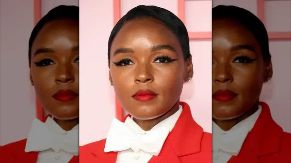 Janelle Monáe looking into the camera with fluffy brows and dramatic eyeliner
