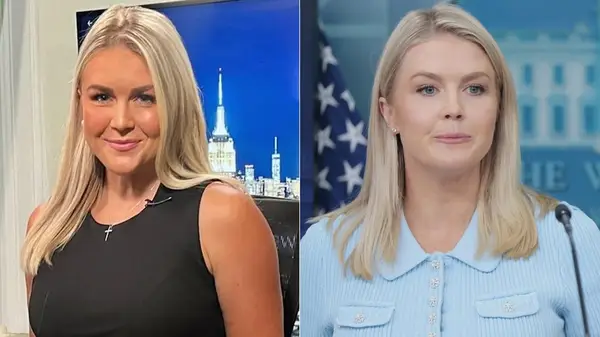 Karoline Leavitt wearing a Bumpit vs wearing a sleeker side part