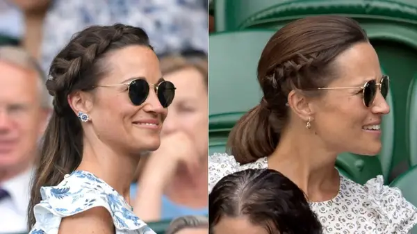 Side by side pictures of Pippa Middleton with a side braid and ponytail