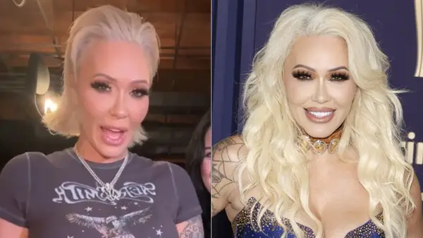 Bunnie XO with short hair and long extensions, side by side photos