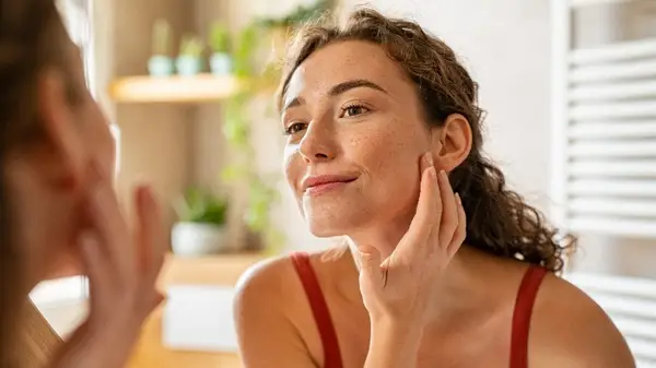 Woman looks in the mirror