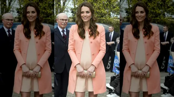 Kate Middleton in a peach dress while pregnant