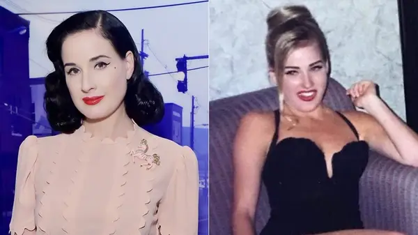 Dita Von Teese with dark hair and blond hair