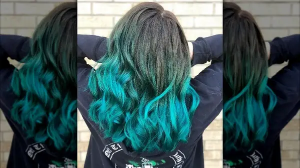 Brown hair, teal and aqua tips
