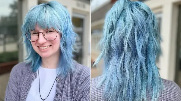 Shag haircut, light blue shades