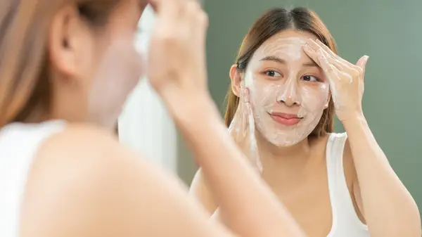 woman exfoliating face