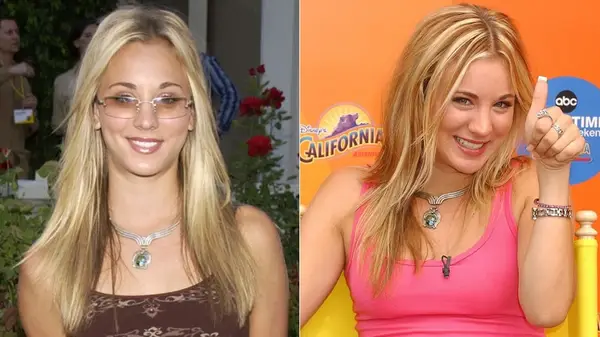 Kaley Cuoco with blond hair in 2002, side by side photos