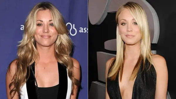 Kaley Cuoco on the red carpet in 2011, side by side photos