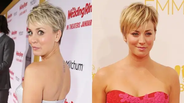 Kaley Cuoco on the red carpet in 2014, side by side photos