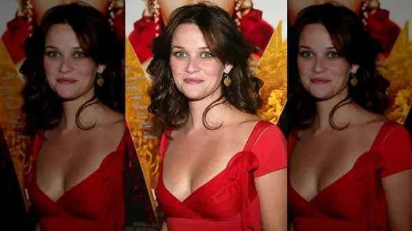 Reese Witherspoon with dark hair and a red dress in 2004