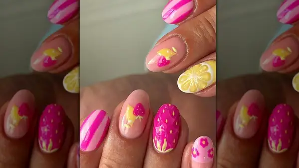 lemon yellow and strawberry pink manicure