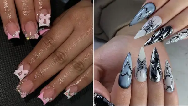 Purple and silver duck nail manicure