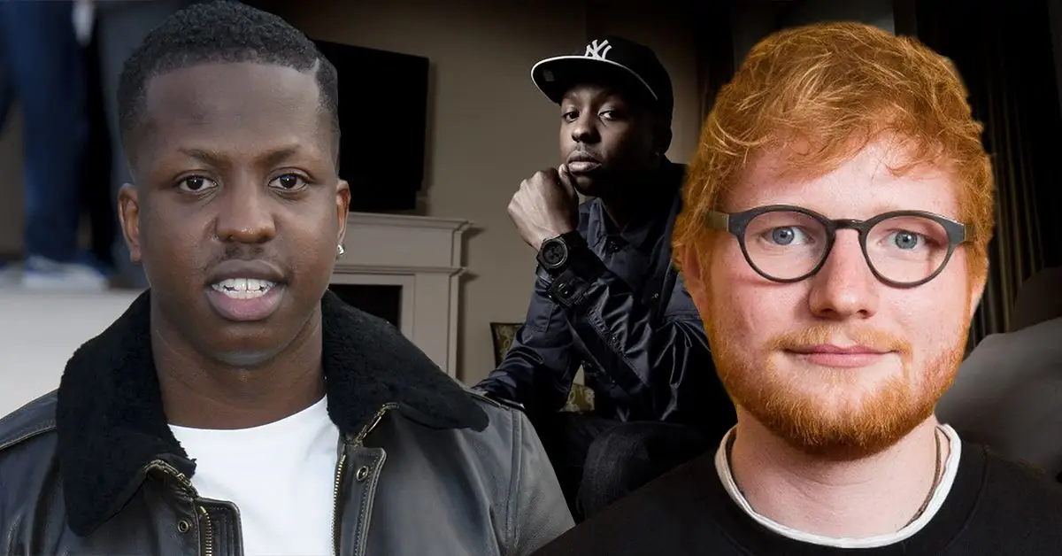 Jamal Edwards sourit dans une veste en cuir avec de la fourrure au cou (à gauche), Jessie J assise avec sa main sous la bouche et portant une casquette de baseball (au centre), Ed Sheeran n'ayant pas l'air amusé avec un léger sourire et des lunettes rondes (à droite)
