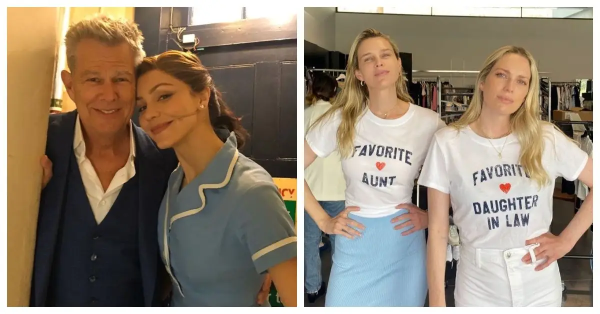 Immagine divisa di David Foster e della moglie Katherine McPhee sorridenti ed Erin e Sara Foster che indossano magliette