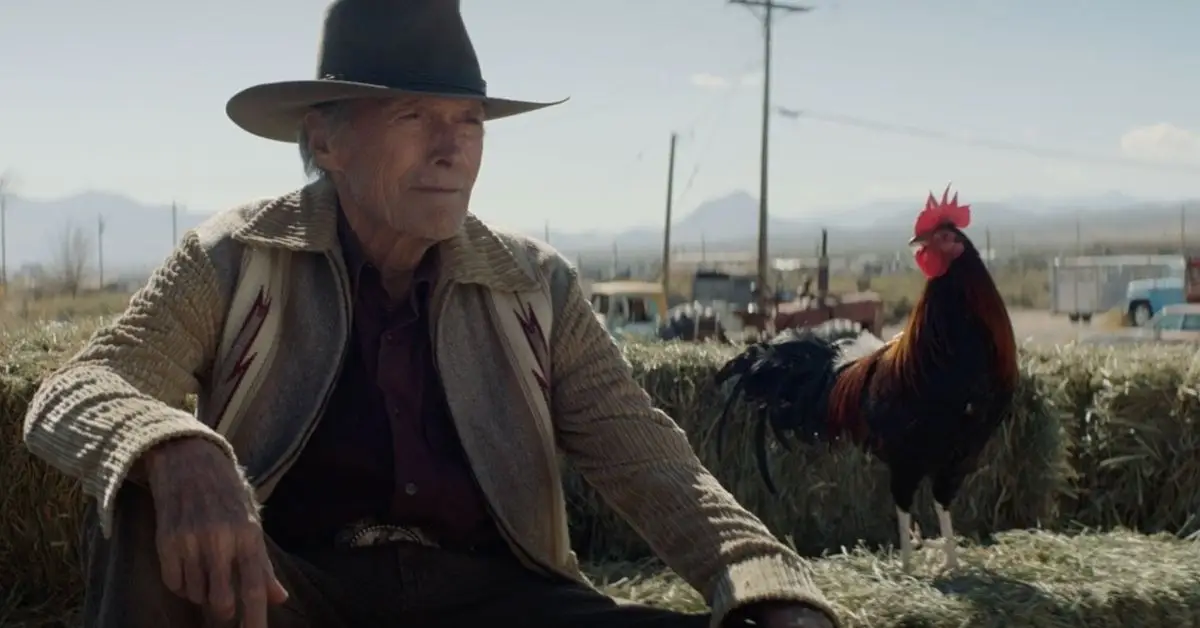 Clint Eastwood smiler med en hane i filmen Cry Macho